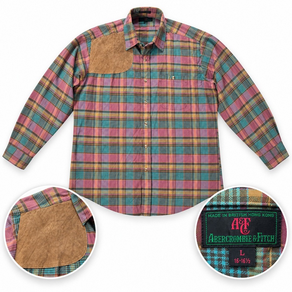 Abercrombie & Fitch Hunting Shirt Mens L Vintage Plaid Pink Teal Suede Patch HK